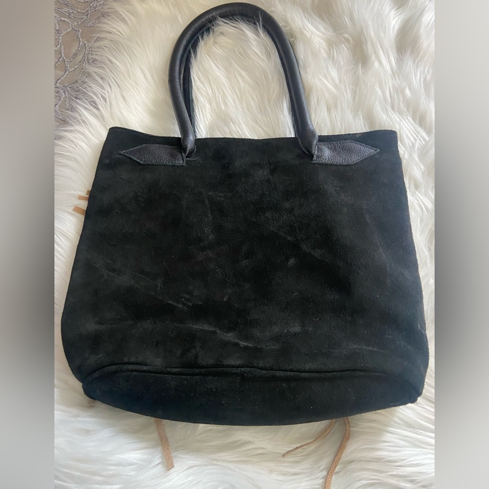 Suede Black and Gold Tote with Tan Fringe - Picture 3 of 9